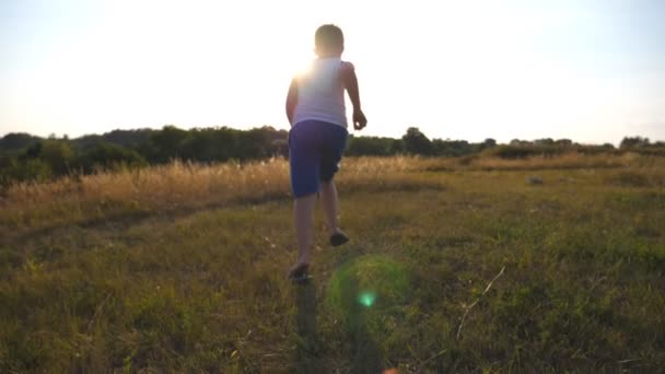 Siguiendo a un chico joven corriendo sobre hierba verde en el campo en un día soleado. Niño corriendo en el césped al aire libre con destello solar. Niño varón que va en la naturaleza en un prado de verano. Vista trasera trasera en cámara lenta — Vídeo de stock