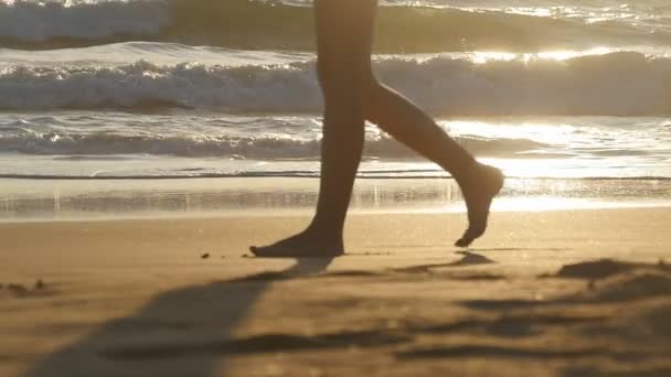 젊은 여자의 다리가 모래 위로 내딛고 있어. 암컷 의발 이 해변에서 황금빛 모래 위를 걷고 있고, 뒤에는 파도가 밀려 있다. 해변에 있는 발정난 소녀. 여름 방학이야. 느린 동작 — 비디오