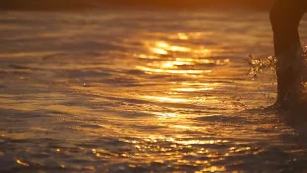 海の波は、夕暮れ時の海岸の上を歩いて女性の足にはねかけます。日の出中にオーシャン ビーチに沿って行く若い女性の脚。浅い水の中のステップの女の子。夏休み。スローモーションをクローズ アップ — ストック動画