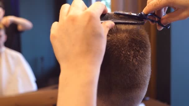 Bărbat frizer de tăiere a părului clientului de sex masculin folosind foarfece și pieptene în frizerie. Procesul de coafură. Mișcare lentă Închide — Videoclip de stoc