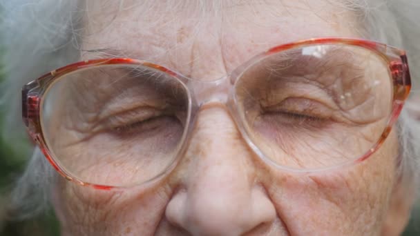 alte Frau mit Brille, die in die Kamera blickt. Augen einer älteren Dame mit Falten um sie herum. Nahaufnahme Porträt der Großmutter. Zeitlupe