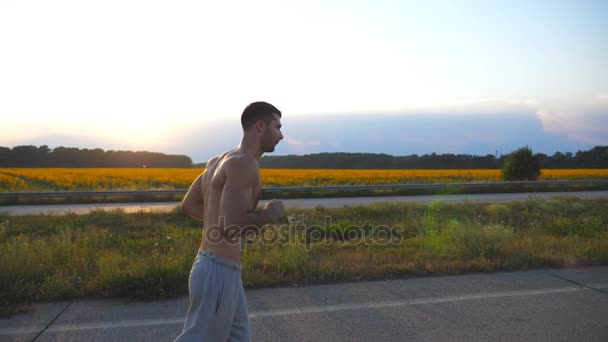 Jovem homem musculoso correndo na estrada rural ao pôr-do-sol. Perfil do treinamento masculino para corrida de maratona ao ar livre. Atleta se exercitando contra o céu azul com o sol. Desporto e estilo de vida ativo. Movimento lento — Vídeo de Stock