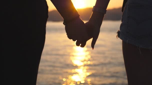 Silhouette de mains mâles et femelles se tenant l'une l'autre au coucher du soleil sur fond marin. Jeune couple joignant les bras en plein air. Concept d'amour et de bonheur. Fermer Vue arrière Vue arrière Mouvement lent — Video