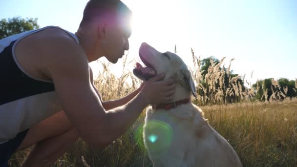 Joven caricia, abrazando y besando a su labrador al aire libre en la naturaleza. Jugando con Golden Retriever. Perro lamiendo cara masculina. Amor y amistad con los animales domésticos. Rayos de sol en el fondo. Movimiento lento — Vídeo de stock