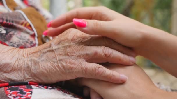 Joven hembra y las manos arrugadas que reconfortan y acarician entre sí al aire libre. La nieta y la abuela pasan tiempo juntas afuera. Concepto cariñoso y amoroso. Vista lateral Vista lenta — Vídeos de Stock