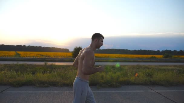 Ung muskulös man jogga på landsväg vid solnedgången. Profil av manliga jogger utbildning för maraton köra utomhus. Idrottare som utövar mot blå himmel med solen. Sport och aktiv livsstil. Slow motion — Stockvideo