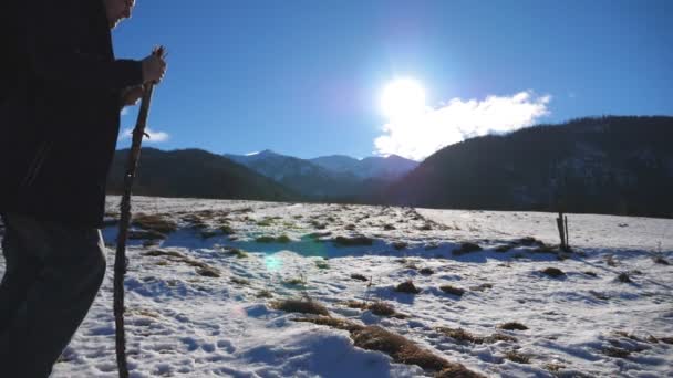 Jonge wandelaar gaan Noords wandelen met stokken op besneeuwde trail in veld met zonlicht op de achtergrond. Sportieve man genieten van reizen en buiten oefenen. Gezonde actieve levensstijl. Zijaanzicht Slow motion — Stockvideo