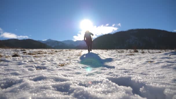 Caminante irreconocible con palo subiendo en la colina nevada en el campo en el día soleado. Joven turista masculino caminando en el prado de nieve y disfrutando de viajes de invierno. Concepto de estilo de vida activo saludable. Movimiento lento — Vídeos de Stock