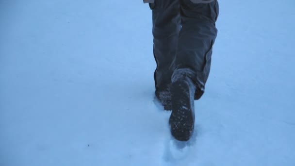 Οπίσθια όψη των αρσενικών ποδιών που περπατούν μέσα από βαθύ χιόνι στο χωράφι το βράδυ. Αγνώριστος τύπος που απολαμβάνει την ελευθερία του στα χειμερινά ταξίδια. Έννοια των διακοπών ή διακοπών. Κλείσιμο Αργή κίνηση — Αρχείο Βίντεο