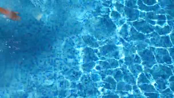 Vista superior do homem desportivo nadando em águas azuis claras da bacia. Um jovem desportista irreconhecível a flutuar na piscina do hotel no dia ensolarado. Conceito de férias de verão ou férias. Fechar — Vídeo de Stock