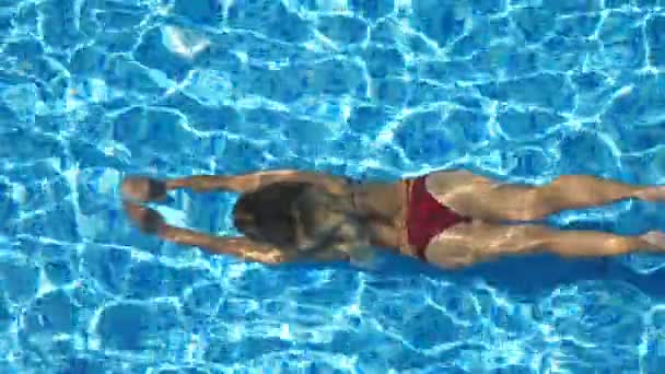 Draufsicht auf eine unkenntliche junge Frau, die unter dem Wasser im Pool schwimmt und an einem sonnigen Tag an der Oberfläche auftaucht. schönes Mädchen im roten Bikini, das am Hotelbecken schwimmt. Urlaub oder Urlaubskonzept — Stockvideo