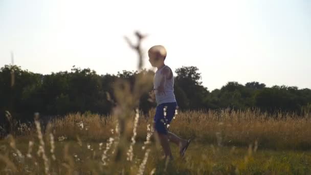 Młody chłopiec z podniesionymi rękami biegający po zielonej trawie na polu w słoneczny dzień. Dziecko biegające na trawniku. Szczęśliwy uśmiechnięty chłopak bawiący się w przyrodzie na letniej łące. Powolny ruch Zamknij — Wideo stockowe