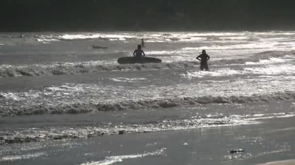 Silhouette von wenigen Menschen, die bei Sonnenuntergang auf Brettern in den Wellen des Ozeans paddeln. Touristen lernen im Sommer das Surfen. schöne Meereslandschaft im Hintergrund. Urlaub oder Urlaubskonzept. Seitenansicht — Stockvideo