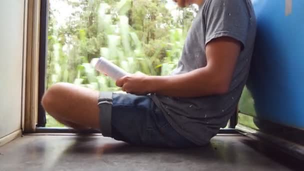 Крупним планом молодий хлопець сидить біля входу в потяг і читає цікаву книгу. Чоловік їде на пасажирському залізничному транспорті під час літніх подорожей. Прекрасна природа на фоні. Вид збоку — стокове відео