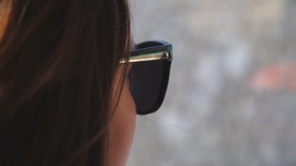 Perfil de una joven viajando en autobús y mirando a la ventana. Chica con gafas de sol mirando por la ventana durante el viaje. La turista toma un autobus. Concepto de vacaciones o excursiones. De cerca. — Vídeos de Stock