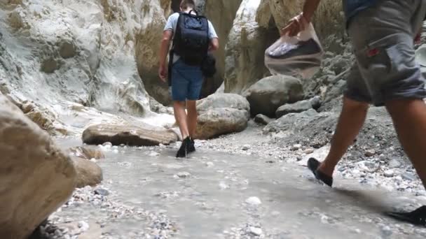 Een groep jonge wandelaars die over een smalle kloof lopen. Toeristen wandelen in rotsachtig terrein en rondkijken genietend van een schilderachtig uitzicht. Reizigers verkennen kloof. Concept van reizen of actieve rust. Langzaam. — Stockvideo