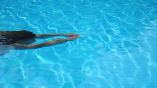 Kırmızı bikinili seksi, sıska bayan, su altında kristal berrak suyla yüzüyor. Genç kız yaz tatilinde havuzda dinleniyor ve ferahlatıyor. Yaz tatili kavramı. Üst görünüm — Stok video