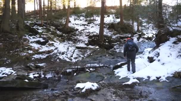 Mochilero joven camina sobre piedras en el río de montaña en el bosque de pinos. Caminante irreconocible con mochila va sobre rocas en un pequeño arroyo durante el viaje. Concepto de vacaciones de invierno o vacaciones. Lento mo — Vídeo de stock