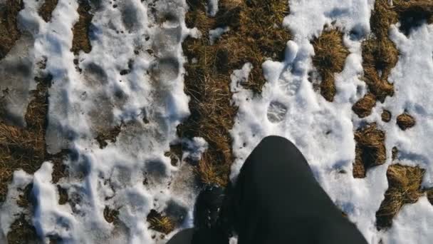 Punto de vista a los pies masculinos en botas pasos a través del campo cubierto de nieve. Piernas de excursionista joven va a lo largo de prado de nieve a principios de primavera. Concepto de vacaciones de invierno o vacaciones. Primer plano cámara lenta POV — Vídeo de stock