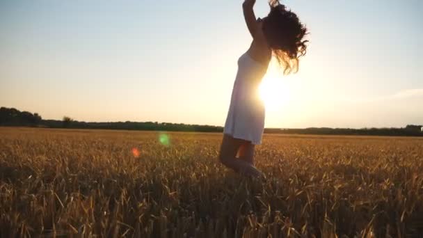 Mujer bonita en vestido blanco caminando a través del campo de trigo amarillo con puesta de sol en el fondo. Joven chica despreocupada disfrutando de la noche de verano y la libertad en el entorno natural escénico. Vista lateral — Vídeos de Stock