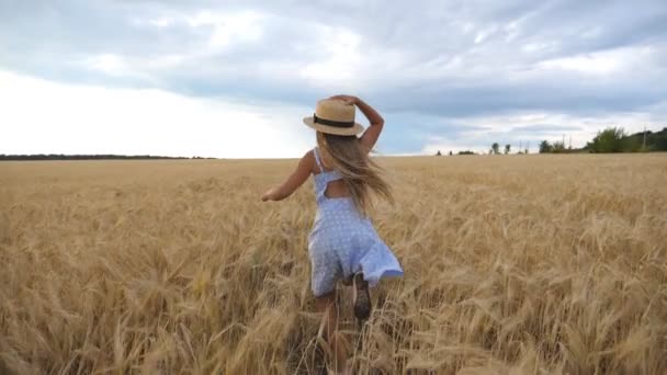 Hermosa chica con el pelo largo y rubio corriendo por el campo de trigo, girando a la cámara y sonriendo. Lindo niño feliz en sombrero de paja corriendo sobre el prado de cebada en el día nublado. Primer plano: cámara lenta — Vídeo de stock