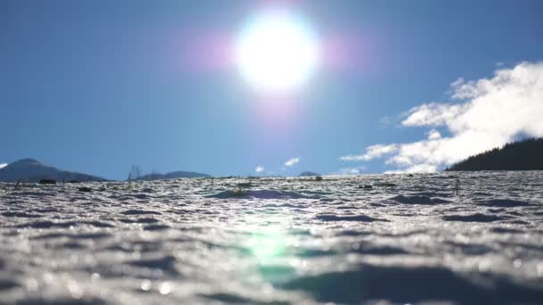 阳光明媚的时候，年轻的徒步旅行者带着手杖走在雪地的草地上。 难以辨认的人在雪地上跋涉，并在冬日进行锻炼。 背景上的阳光。 健康积极的生活方式概念. — 图库视频影像