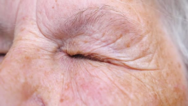 Detail view on closed eye of elderly woman with wrinkles around. Close up face of old lady. Grandmother with calmly facial expression. Slow motion — ストック動画