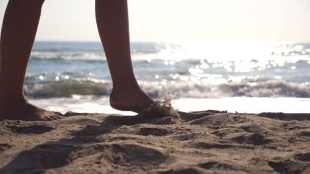 Pies femeninos caminando en la playa del mar en un día soleado con olas al fondo. Piernas de mujer joven pisando la arena. Vacaciones de verano o concepto de vacaciones. Vista lateral cámara lenta Primer plano — Vídeo de stock