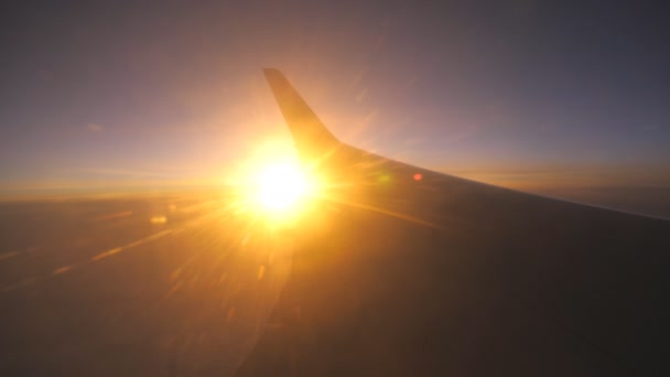 Vista desde la ventana del avión hasta el amanecer o la puesta del sol. Ala de avión volando por encima de las nubes con luz solar. Vuelo aéreo en el cielo. Concepto de viajar por aire. Viaje en avión con hermoso fondo — Vídeo de stock