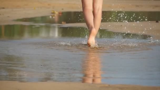 Nízký pohled na ženské nohy schází do velké kaluže mořské vody u pobřeží. Holé nohy mladé ženy kráčí podél prázdné tropické pláže u pobřeží. Letní dovolená nebo prázdninový koncept. Zpomalený pohyb — Stock video