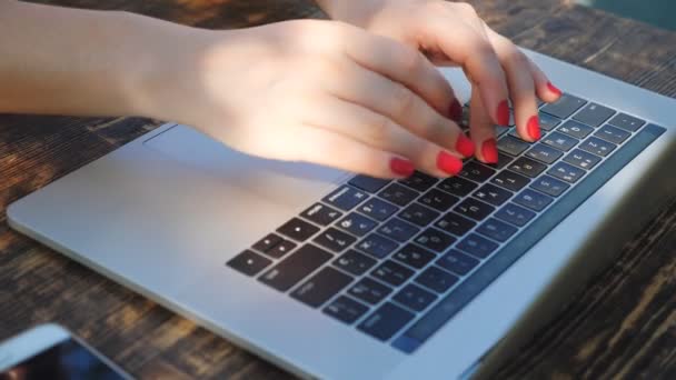 Close up de mãos femininas digitando algum texto no teclado do notebook. Mulher trabalhando com laptop ao ar livre. Menina navegando na internet. Freelancer criativo usando pc na natureza. Movimento lento — Vídeo de Stock