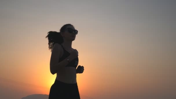 Actief slank meisje joggen op het platteland weg met 's avonds hemel op de achtergrond. Vrouwelijke sportman doet aan hardlooptraining. Jonge sportieve vrouw traint buiten bij zonsondergang. Een gezonde actieve levensstijl. Laag zicht — Stockvideo