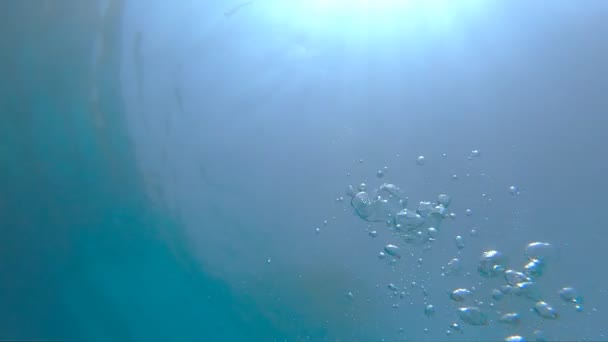 Numerous small air bubbles rising up in turquoise pure sea. Warm sunshine penetrating crystal clear ocean water on sunny summer day. Air bubbles floating up to the water surface. Slow motion Close up — Stock Video