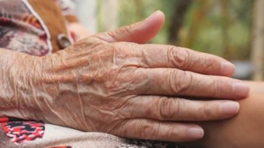 Dışarıda genç bayanların kollarını okşayan yaşlı kadınların eli. Torunumla büyükannem dışarıda vakit geçiriyorlar. İlgi ve sevgi kavramı. Yan Görünümü Kapat Yavaş Çekim