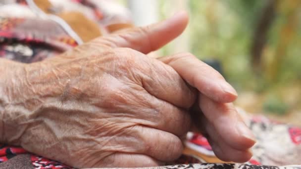 Yaşlı bir kadının kırışık kolları dışarıda. Büyükannem dışarıda ellerini okşuyor. Yan Görünümü Kapat Yavaş Çekim — Stok video