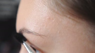 Genç kahverengi gözlü kız maskarayla makyaj yapıyor. Kendine dikkat eden çekici bir kadın kaşlarını boyuyor. Güzellik salonunda güzel bir manken. Moda ve tarz kavramı. Yavaş çekim Ayrıntılı görünüm