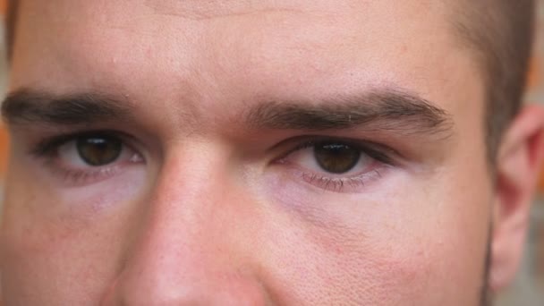 Feche os olhos castanhos do cara olhando e piscando com uma visão decepcionante. Retrato do rosto masculino a olhar para a câmara. Expressão facial de homem desesperado e infeliz. Dolly atirou — Vídeo de Stock