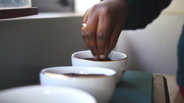 Крупный план женской руки берет свободный сушеный чай из белого фарфора чашки и посыпать его обратно. Рука индианки наливает горстку кофе в кружку. Концепция чайной церемонии. Медленное движение — стоковое видео
