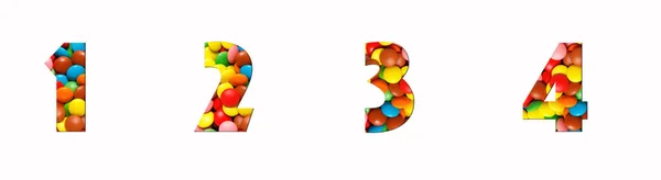 Candy alphabet font 1,2,3,4, feito de forma de letra de corte de doces de cor real. Coleção de fonte de doces brilhante para sua decoração única com ideias de conceito — Fotografia de Stock