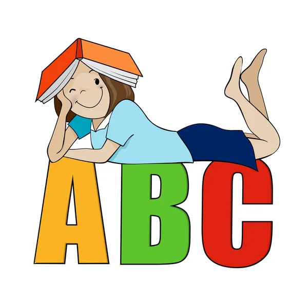 Mädchen mit Buch auf einem Kopf-Cartoon-Vektor — Stockvektor