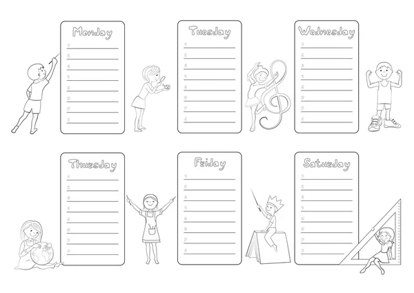 Kids timetable weekly planner coloring page vector — Stock Vector