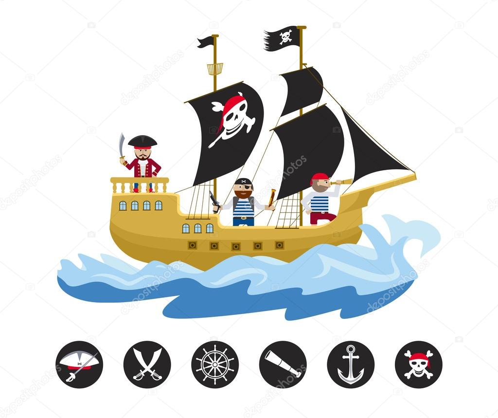 Pirate ship with people and icons flat vector