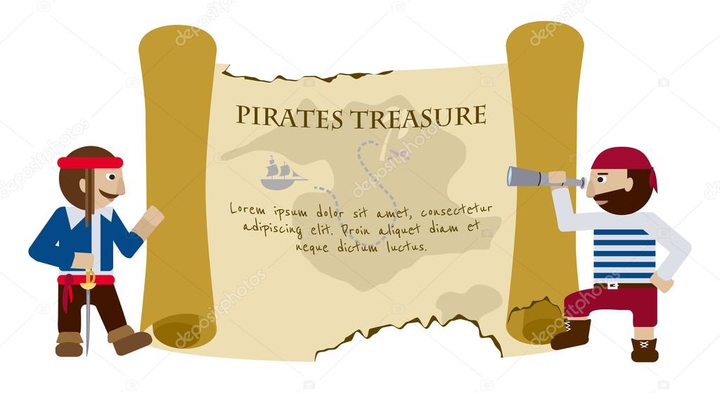 Treasure map flat vector background with pirates