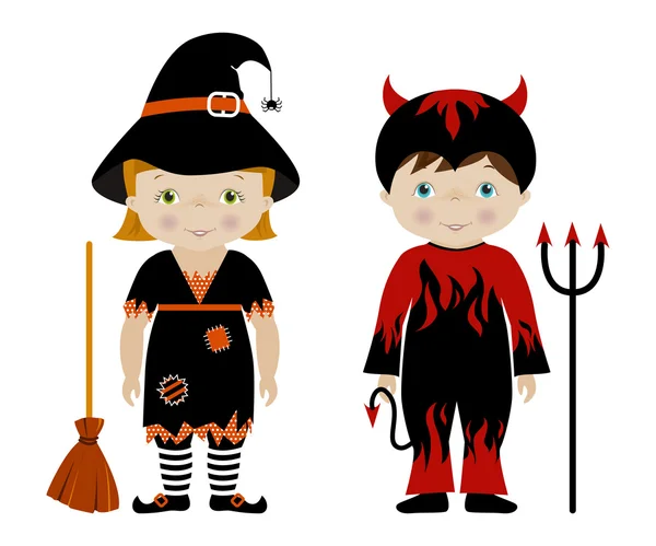 Bonito crianças em trajes de Halloween vetor de desenhos animados — Vetor de Stock