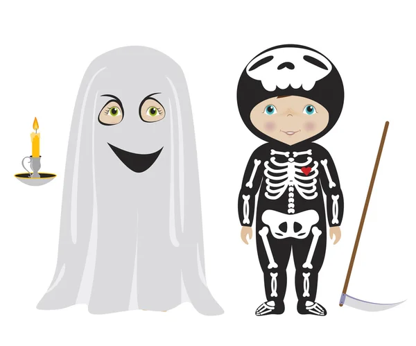 Bonito crianças em trajes de Halloween vetor de desenhos animados — Vetor de Stock