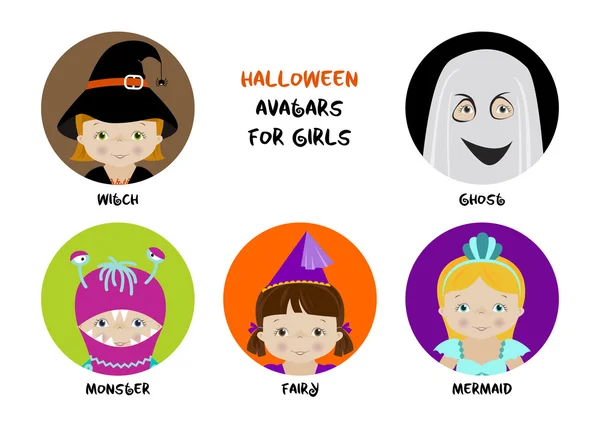 Conjunto de avatares de Halloween para meninas — Vetor de Stock