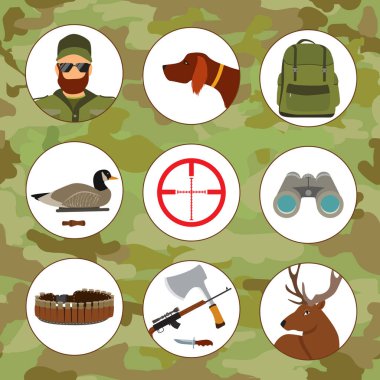 Hunter and hunting flat vector icons clipart