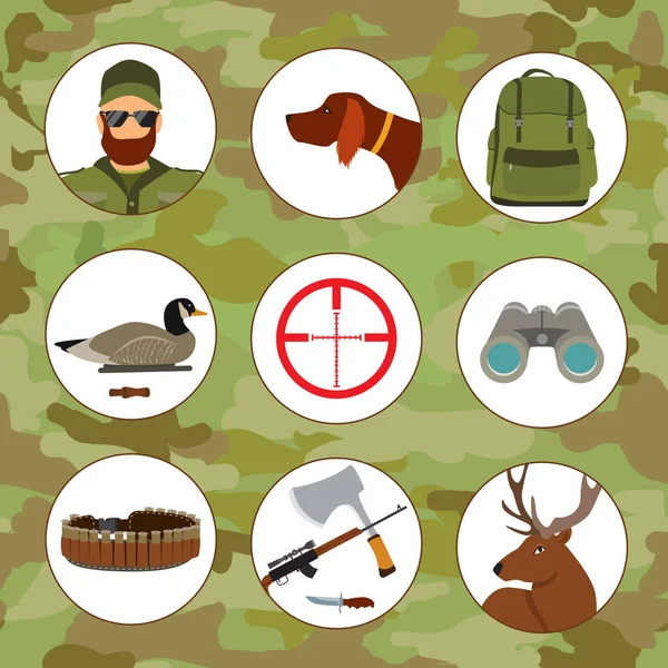 Hunter en jacht platte vector iconen — Stockvector