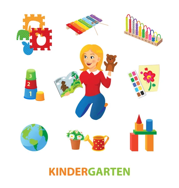 Professor de jardim de infância com livro de histórias e brinquedos — Vetor de Stock