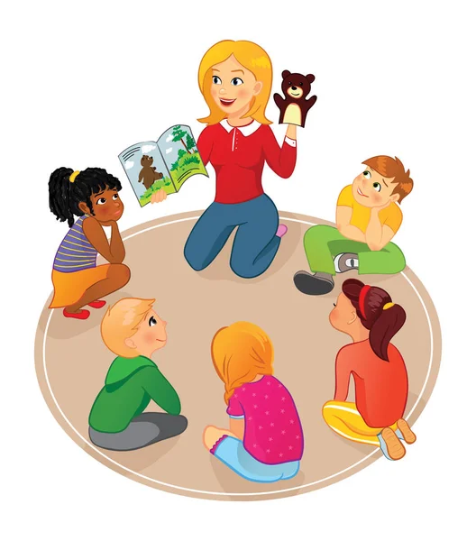 Lehrerin liest Kindern ein Märchenbuch vor und zeigt Puppe — Stockvektor